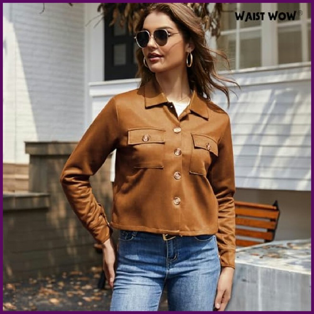 Faux Suede Cropped Shacket Jacket Button Down Fal… - image 3